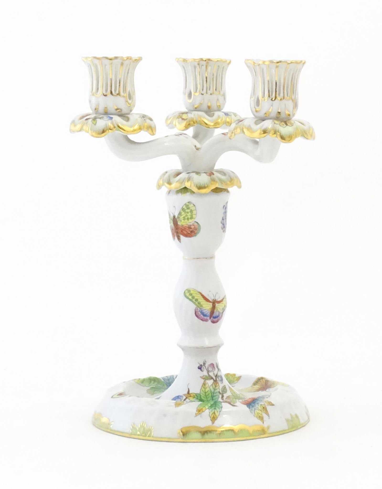 A Herend porcelain two sectional three branch candlestick / candelabrum decorated in the (1 of 10)