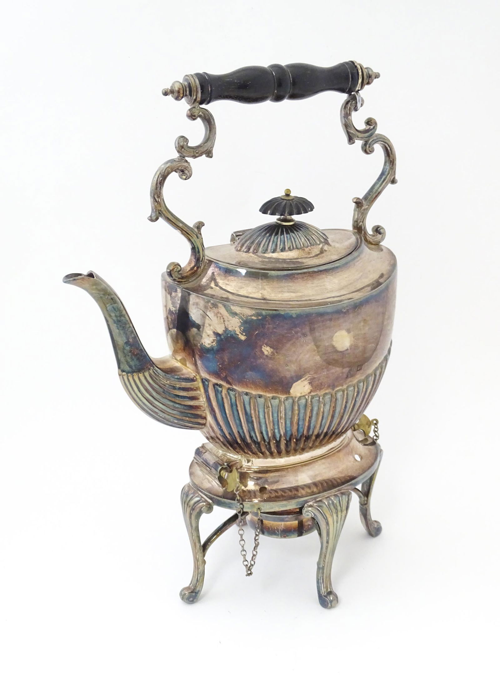 A late 19th / early 20thC silver plate spirit kettle on stand with burner under. Approx. 13" high (1 of 8)