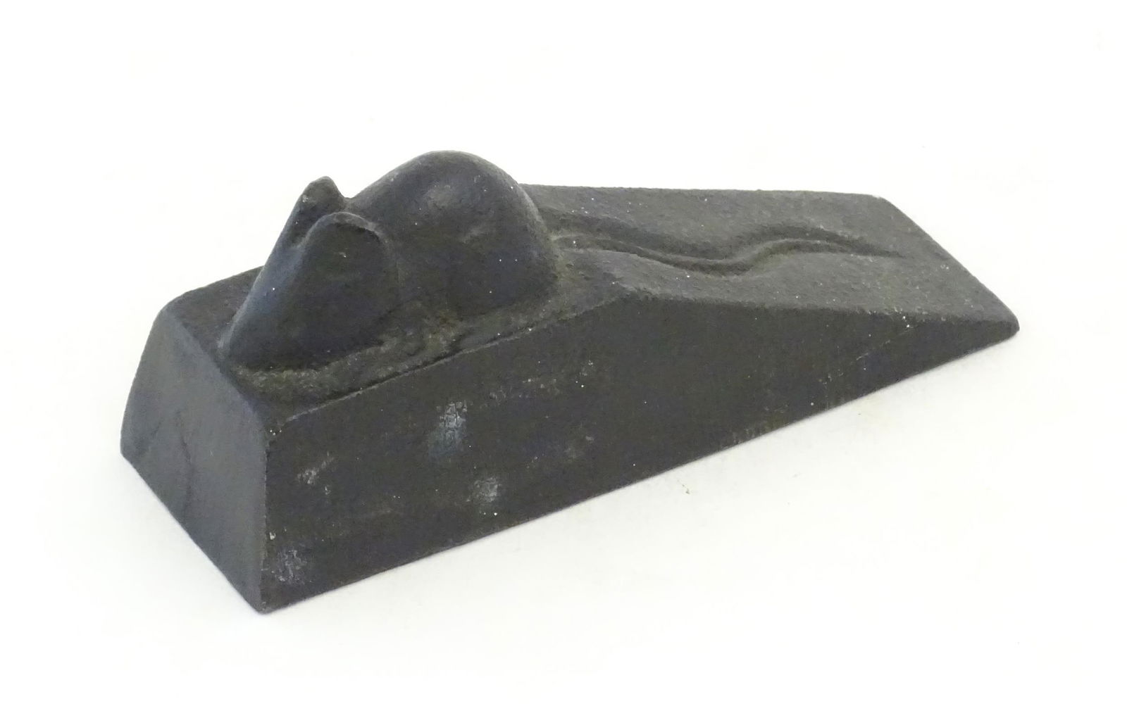 A 20thC novelty cast iron doorstop with cast mouse detail. Approx. 6" long: A 20thC novelty cast iron doorstop with cast mouse detail. Approx. 6" long