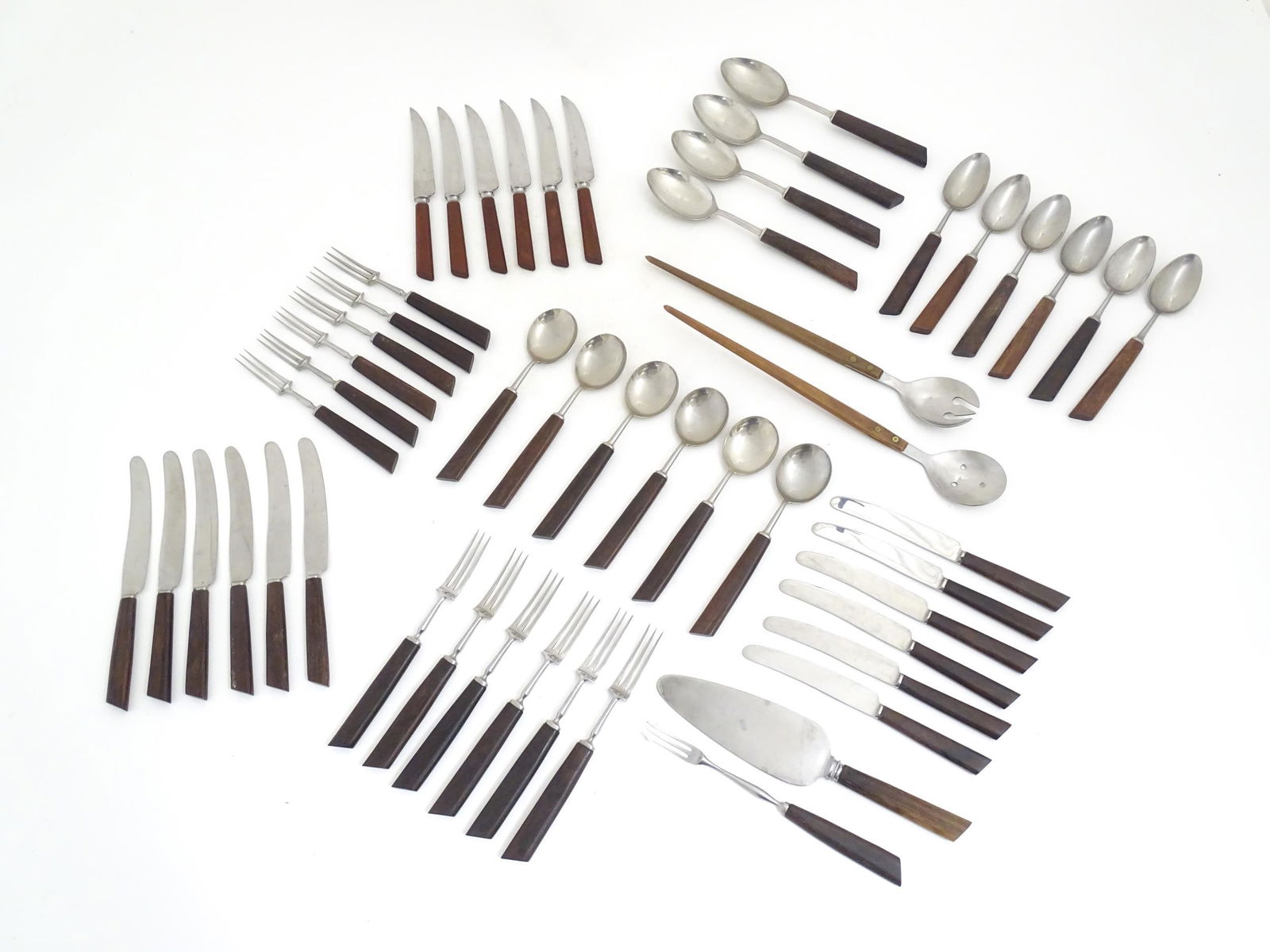 A quantity of vintage / retro wooden handled flatware / cutlery to include knives, forks, spoons, (1 of 10)