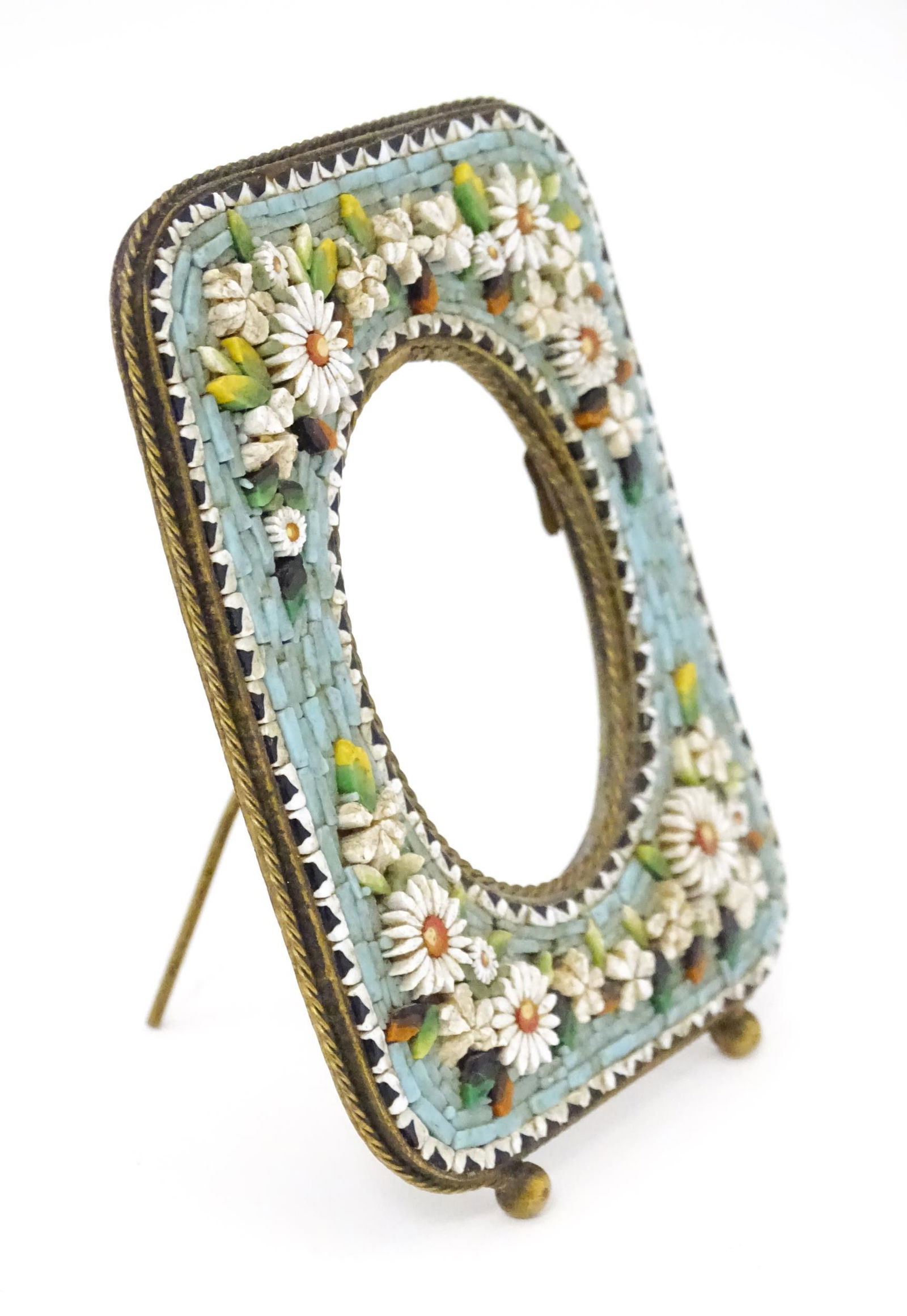 An early 20thC Italian photograph frame with floral micro mosaic surround. Approx. 3 1/4" (1 of 8)
