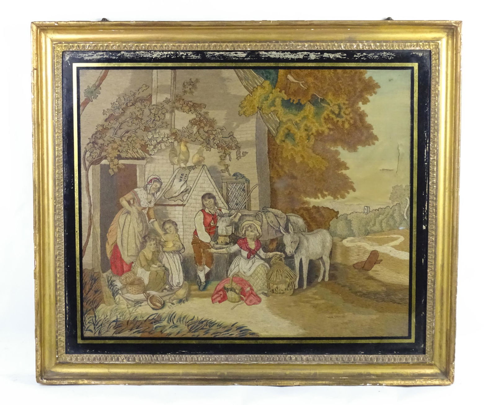 Needlework: An 18thC Georgian embroidery depicting a bucolic farmyard scene with mother and: Needlework: An 18thC Georgian embroidery depicting a bucolic farmyard scene with mother and children, donkeys, chickens, etc. Initialled W. R. B. and dated 1794 Approx. 18 1/2" x 22 1/2"
