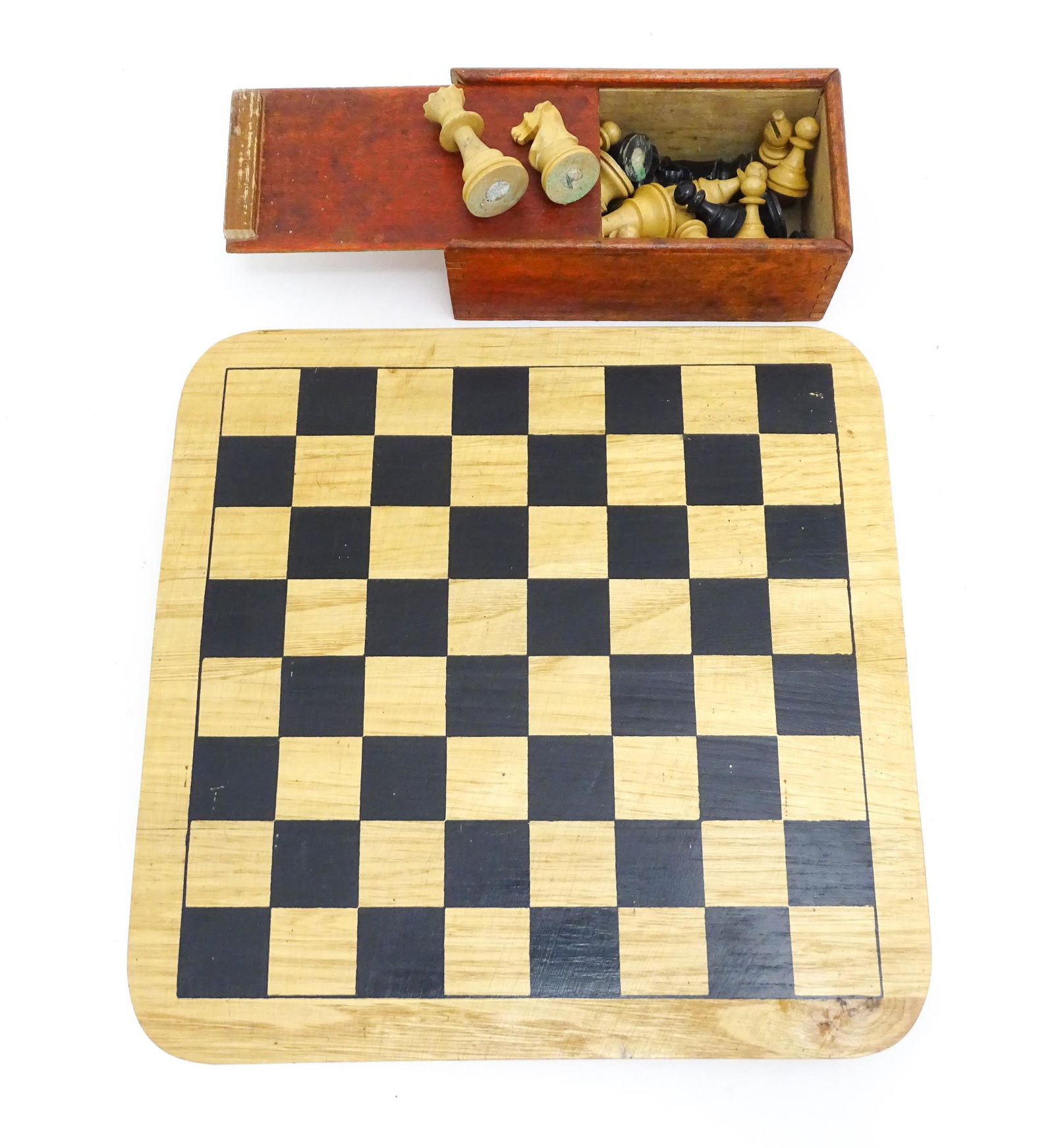 Toys: 20thC carved wood chess set. Together with an 8x8 Draughts games board. King approx. 2 1/2" (1 of 7)