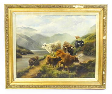 Manner of Wright Barker (1864-1941), Early 20th century, Scottish School, Oil on canvas, Highland: Manner of Wright Barker (1864-1941), Early 20th century, Scottish School, Oil on canvas, Highland cattle in a loch landscape. Signed with initials D. W. and dated (19)09 lower left. Approx. 23 1/2" x