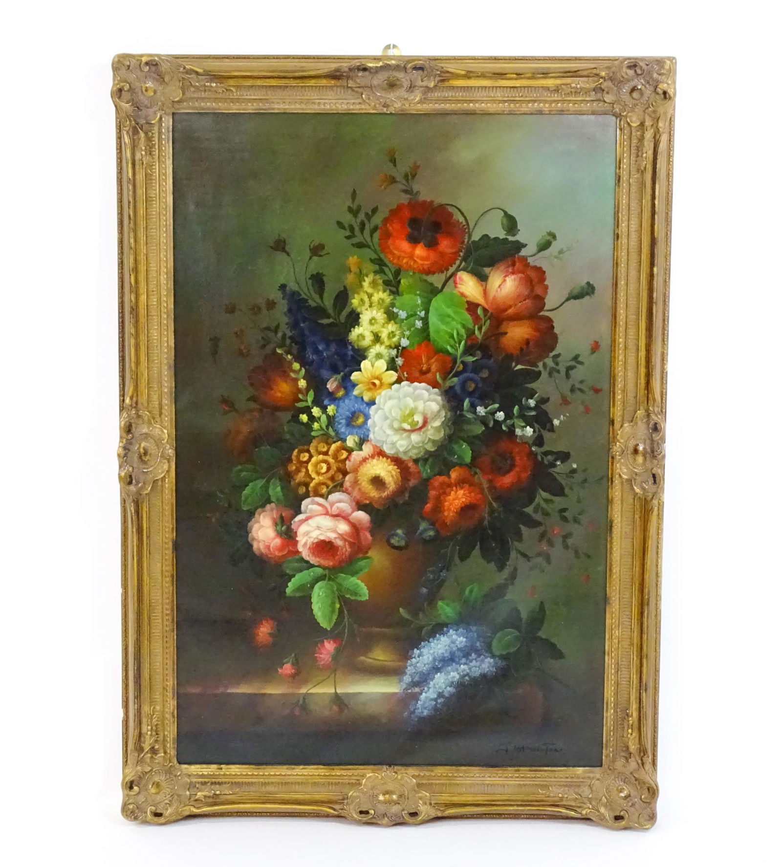 F. Hamilton, 20th century, Oil on canvas, A still life study with flowers in bloom on a marble (1 of 4)