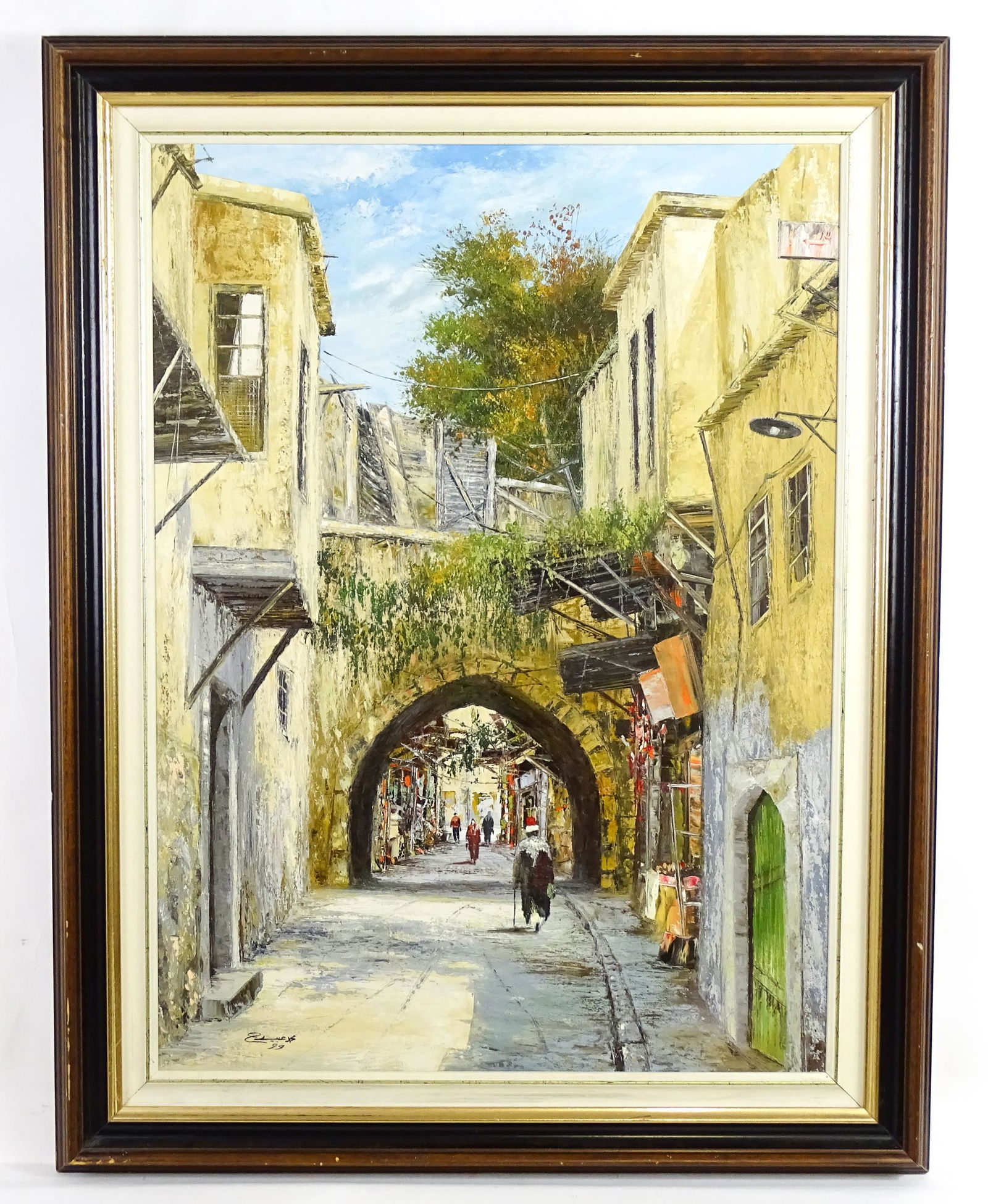 Late 20th century, Continental School, Oil on canvas, A street scene with figures. Signed lower (1 of 5)