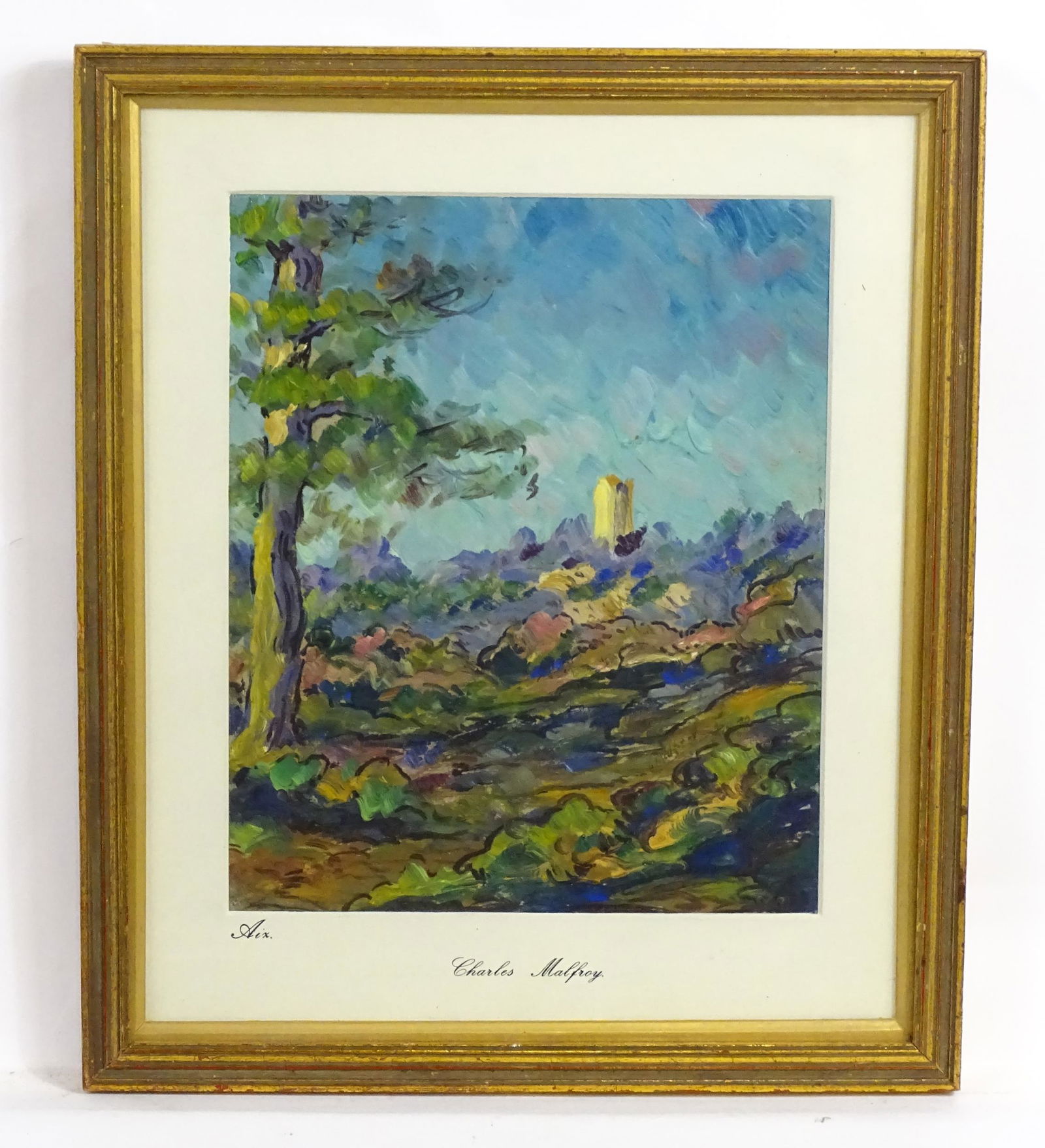 C. Malfroy, 20th century, Oil on card, Aix, A French abstract landscape scene. Signed, titled and: C. Malfroy, 20th century, Oil on card, Aix, A French abstract landscape scene. Signed, titled and dated (19)30, and attributed to Charles Malfroy to mount. Approx. 10 1/4" x 8 1/2"
