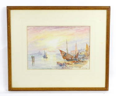 Hercules Brabazon Brabazon (1821-1906), Watercolour, Venice Lagoon at sunrise with boats and a view: Hercules Brabazon Brabazon (1821-1906), Watercolour, Venice Lagoon at sunrise with boats and a view of the Doge's Palace. Signed with initials lower right. Approx. 7 3/4" x 11"