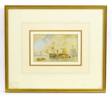 Manner of William Callow (1812-1908), 19th century, Watercolour, Shipping off the coast. Approx. 3: Manner of William Callow (1812-1908), 19th century, Watercolour, Shipping off the coast. Approx. 3 1/2" x 5 3/4"