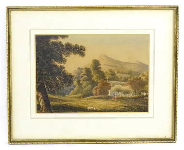 Manner of Peter De Wint (1784-1849), 19th century, Watercolour, A wooded landscape with figures near: Manner of Peter De Wint (1784-1849), 19th century, Watercolour, A wooded landscape with figures near a thatched cottage with mountains beyond, possibly the Peak District. Approx. 7 1/2" x 10 1/2"