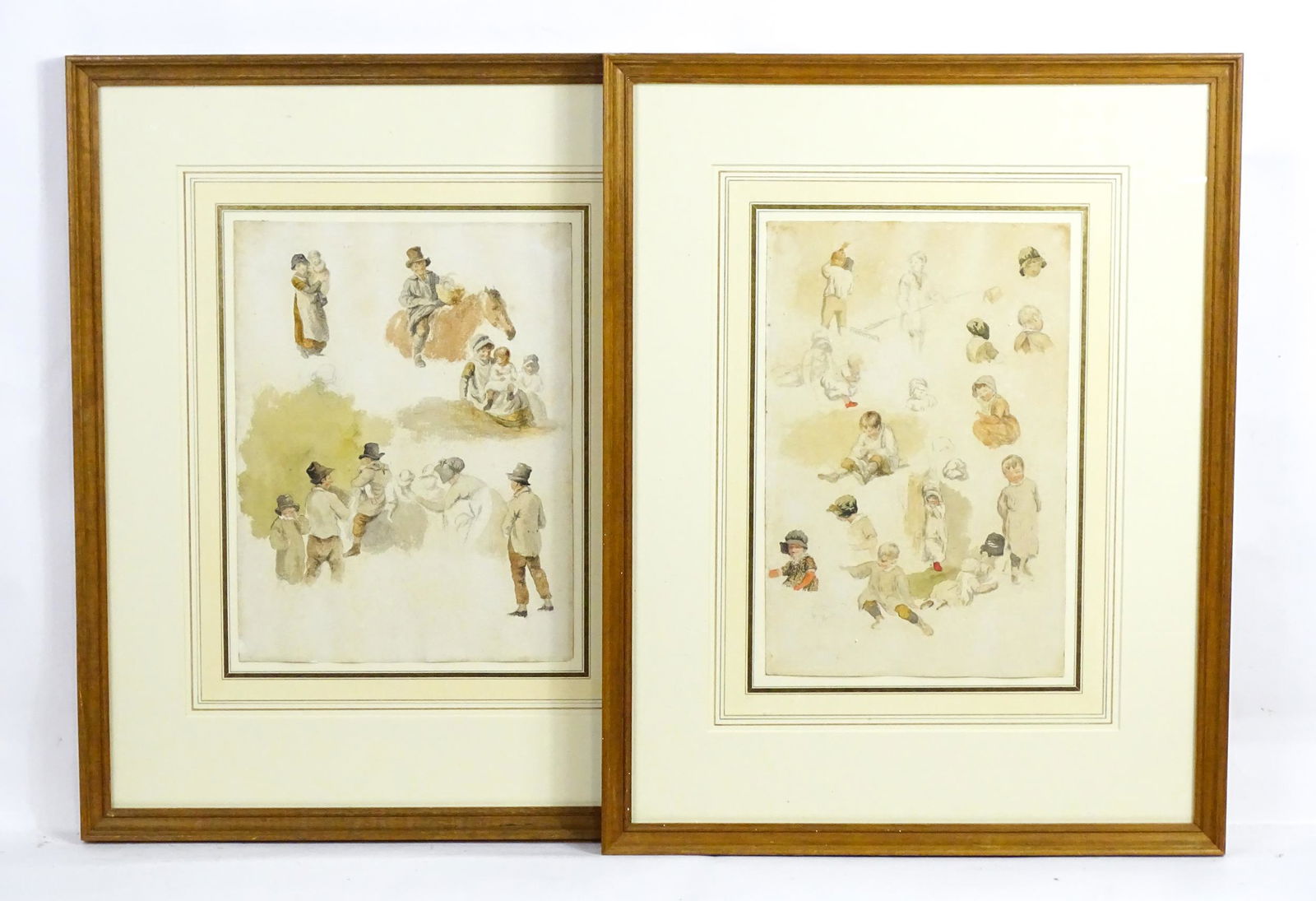 Robert Hills (1769-1844), Pencil and watercolours, A pair of figural studies depicting children,: Robert Hills (1769-1844), Pencil and watercolours, A pair of figural studies depicting children, peasants and horses. Ascribed to label verso. Approx. 11 1/4" x 7 1/2" (2)