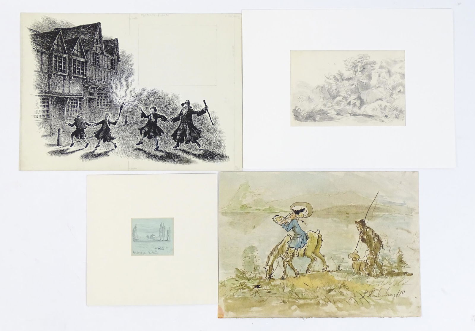 Four assorted 19th century and later works comprising, A pen and ink illustration by Faith Jaques (1 of 10)