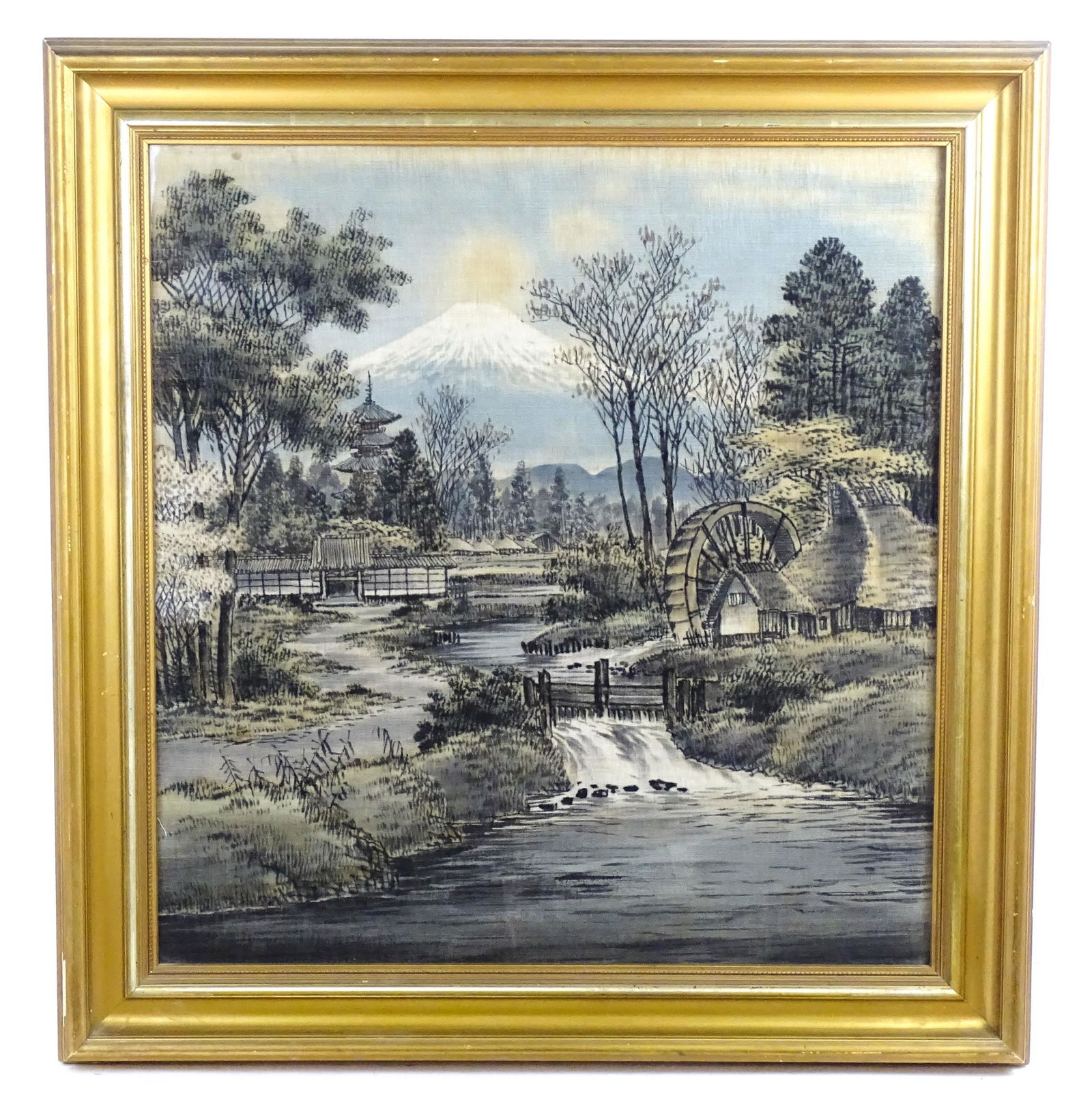 20th century, Japanese School, Watercolour on silk, A river landscape with a mill and Mount Fuji (1 of 3)