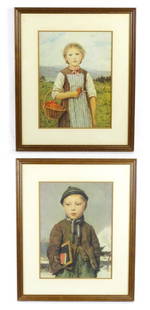 After Albert Anker (1831-1910), Colour prints, The Strawberry Girl, and School Boy. Approx. 15 3/4": After Albert Anker (1831-1910), Colour prints, The Strawberry Girl, and School Boy. Approx. 15 3/4" x 11 1/2" (2)