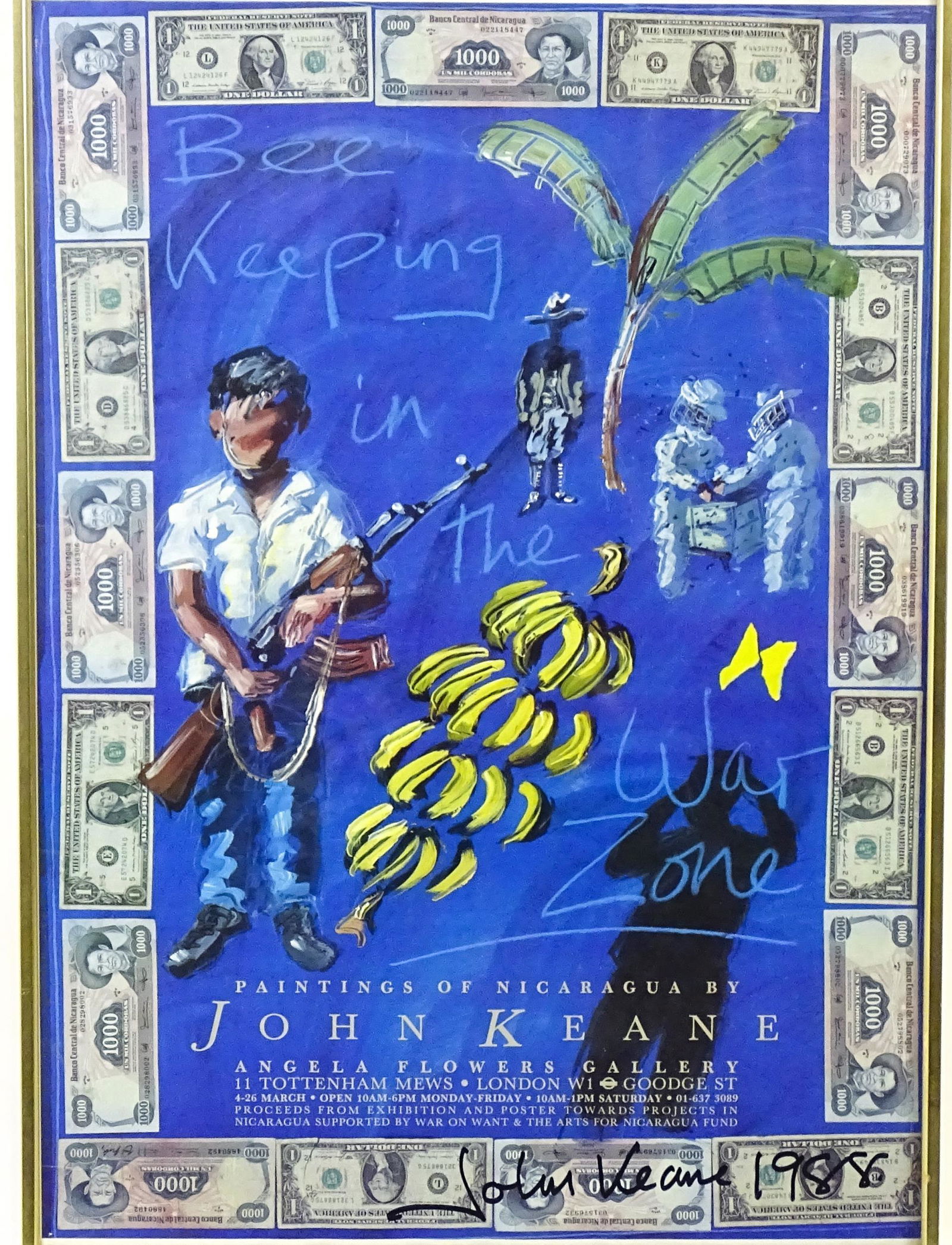 A 20thC exhibition poster for Paintings of Nicaragua by John Keane, signed by the artist and dated: A 20thC exhibition poster for Paintings of Nicaragua by John Keane, signed by the artist and dated 1988. With exhibition catalogue. Approx. 27 1/2" x 16"