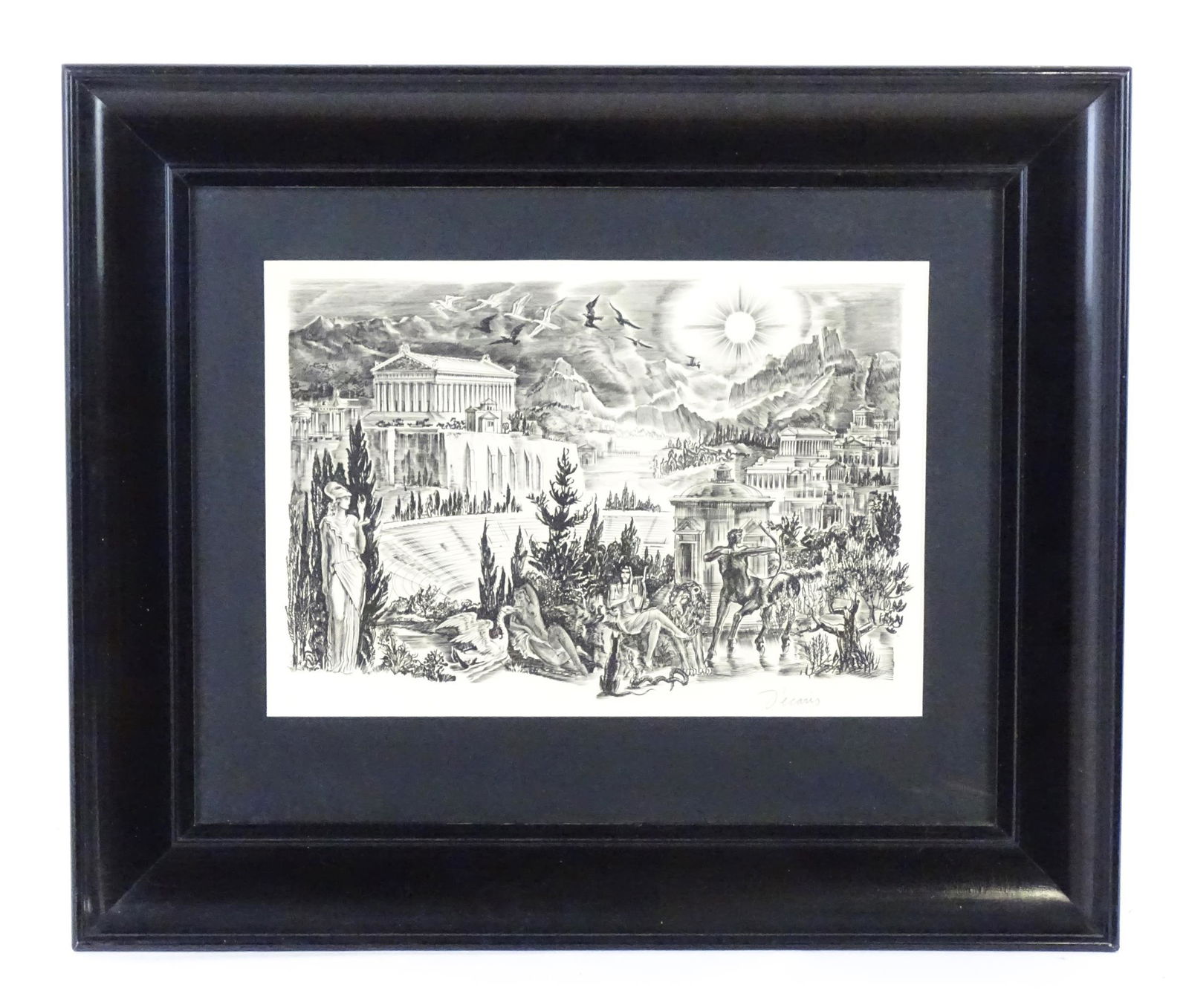 After Albert Decaris (1901-1988), French School, Etching, Greek mythological figures in a Classical: After Albert Decaris (1901-1988), French School, Etching, Greek mythological figures in a Classical landscape. Signed in pencil under. Approx. 10 3/4" x 15 3/4"