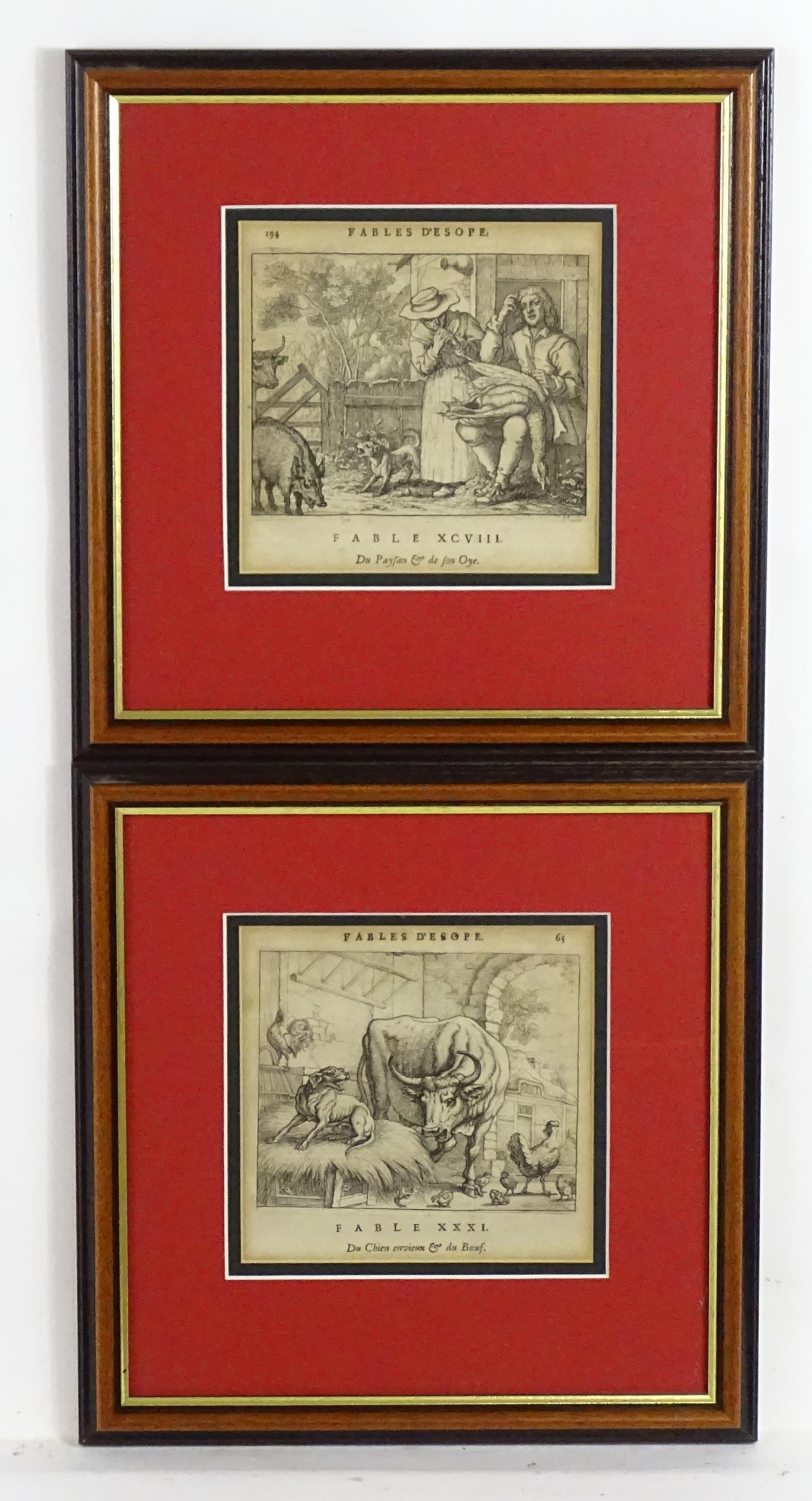 After Francis Barlow (1622-1704), Etchings, Two etchings from Fables D'Esope / Aesop's Fables: After Francis Barlow (1622-1704), Etchings, Two etchings from Fables D'Esope / Aesop's Fables comprising Fable XCVIII, Du Payson et de son Oye - The Peasant and his Goose, Fable XXXI, Du Chien envieux