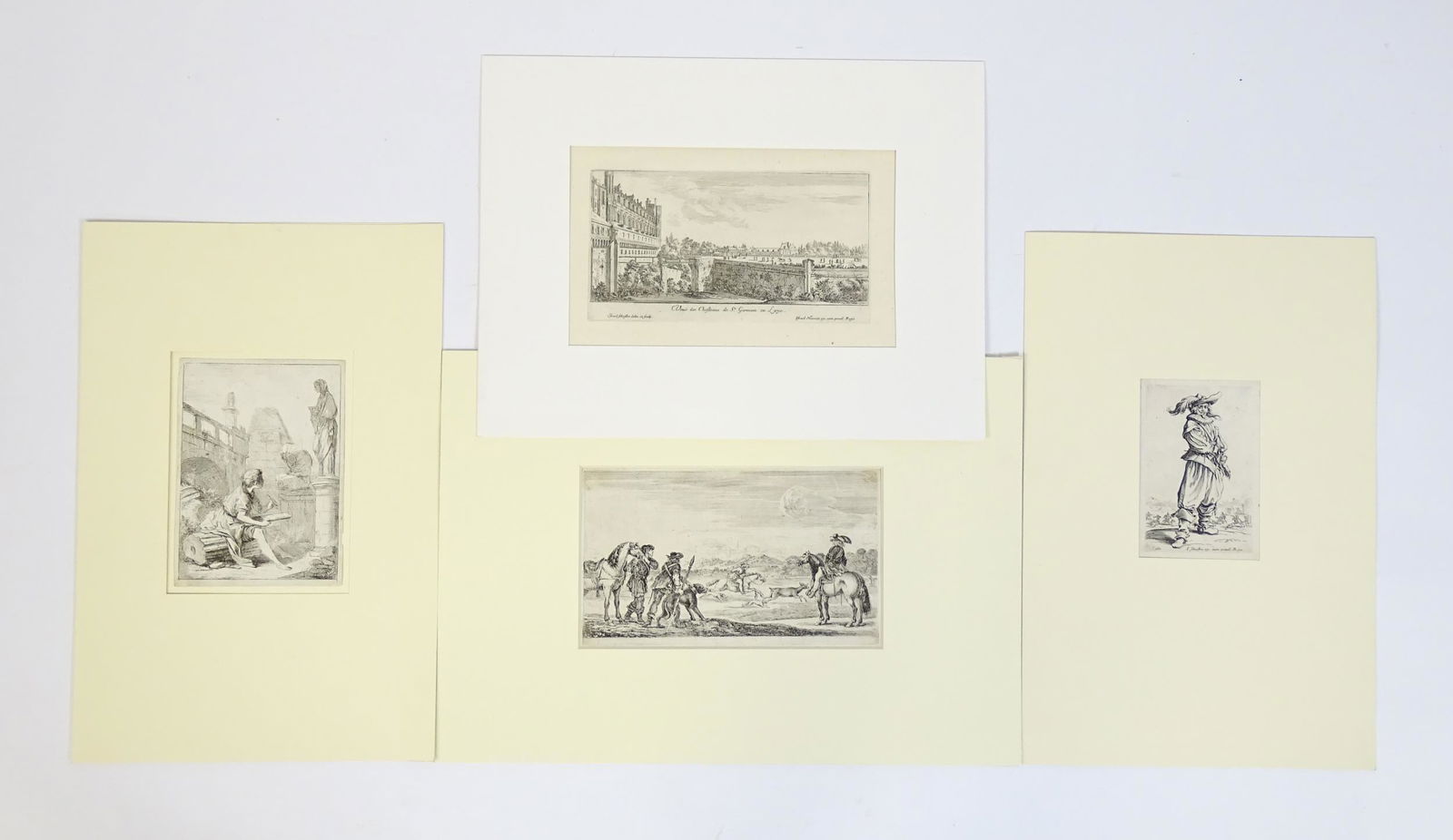 Four 17th / 18th century etchings comprising Jacques Callot (1594-1635), Le Guerrier au Chapeau orne (1 of 10)