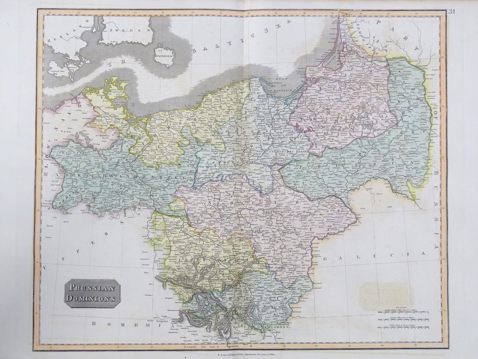 Map: A 19thC engraved map titled Prussian Dominions after John Thomson, for Thomson's New General: Map: A 19thC engraved map titled Prussian Dominions after John Thomson, for Thomson's New General Atlas, 1814, with hand coloured detail. Approx. 20" x 25 1/2"
