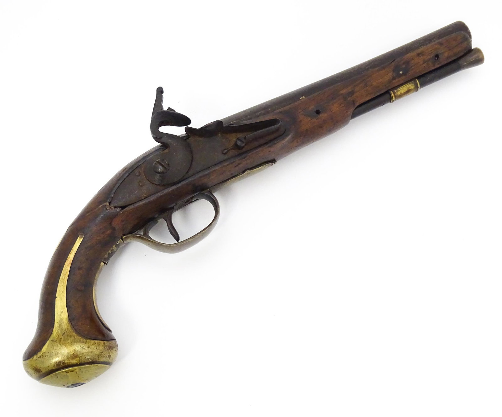 Militaria: a late 18thC flintlock belt pistol, the 7 3/4" barrel stamped 'HW' with proof marks,: Militaria: a late 18thC flintlock belt pistol, the 7 3/4" barrel stamped 'HW' with proof marks, approx 32 bore. Full length stock with ramrod and brass furniture.