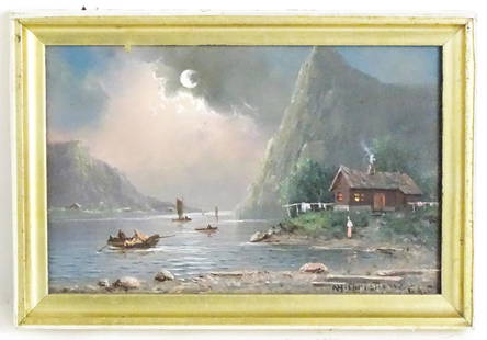 Nils Hans Christiansen (1850-1922), Oil on board, A Norwegian moonlit fjord with sailing boats.: Nils Hans Christiansen (1850-1922), Oil on board, A Norwegian moonlit fjord with sailing boats. Signed lower right. Approx. 5 1/2" x 8 3/4"