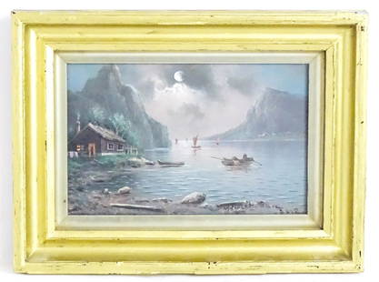 Nils Hans Christiansen (1850-1922), Oil on board, A Norwegian moonlit fjord with sailing boats.: Nils Hans Christiansen (1850-1922), Oil on board, A Norwegian moonlit fjord with sailing boats. Signed lower right. Approx. 5 1/2" x 8 3/4"