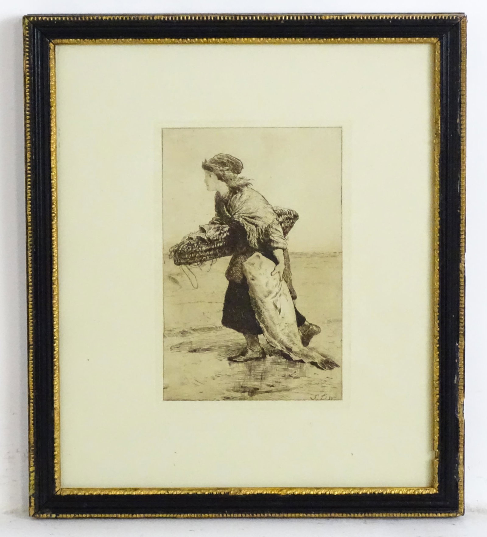 After John Dawson Watson (1832-1892), Etching, A fisherwoman on a beach carrying a basket and: After John Dawson Watson (1832-1892), Etching, A fisherwoman on a beach carrying a basket and dragging a large fish. Approx. 7 1/2" x 5"