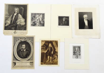 A quantity of assorted 18th century and later portrait engravings to include a portrait of Benjamin: A quantity of assorted 18th century and later portrait engravings to include a portrait of Benjamin 'Ben' Jonson by George Vertue after Gerrit van Honthorst after Abraham van Blyenberch; Lancelot Blac