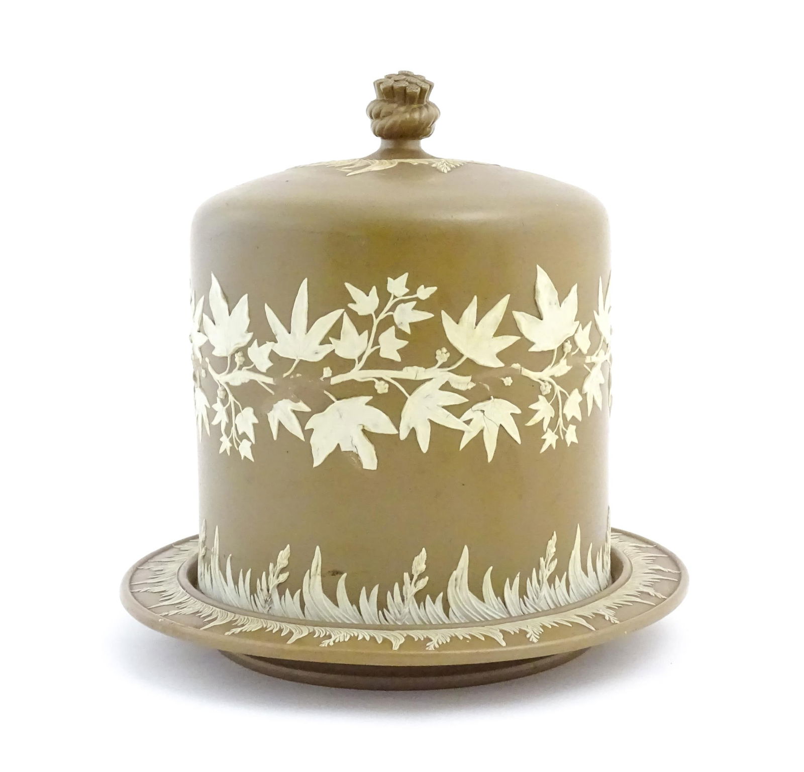 A Wedgwood Jasperware style brown and white cheese dome with foliate decoration, the cover with hay (1 of 9)
