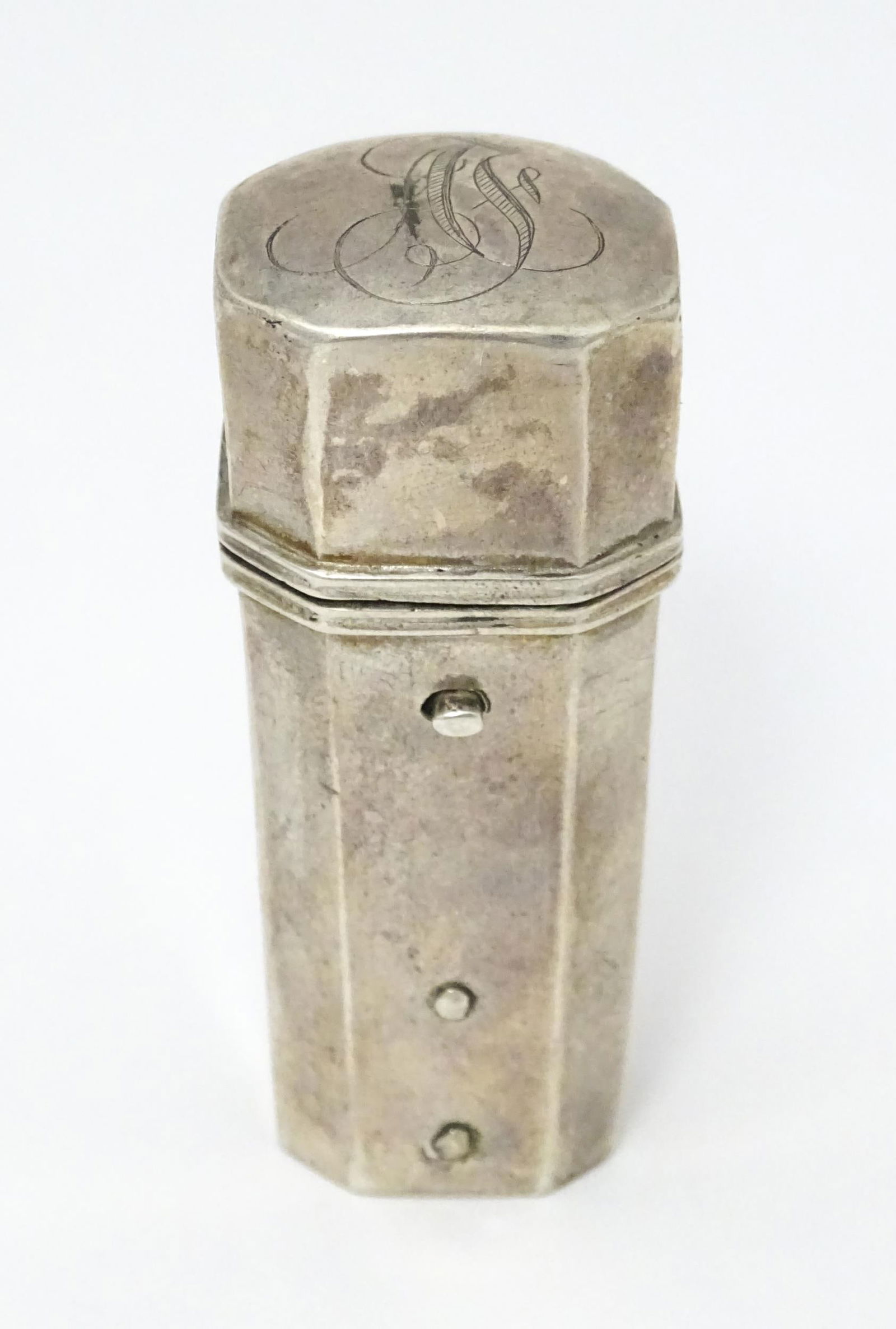 A white metal sewing etui case. Indistinctly marked. Approx 2 1/2" long Please Note - we do not make (1 of 7)