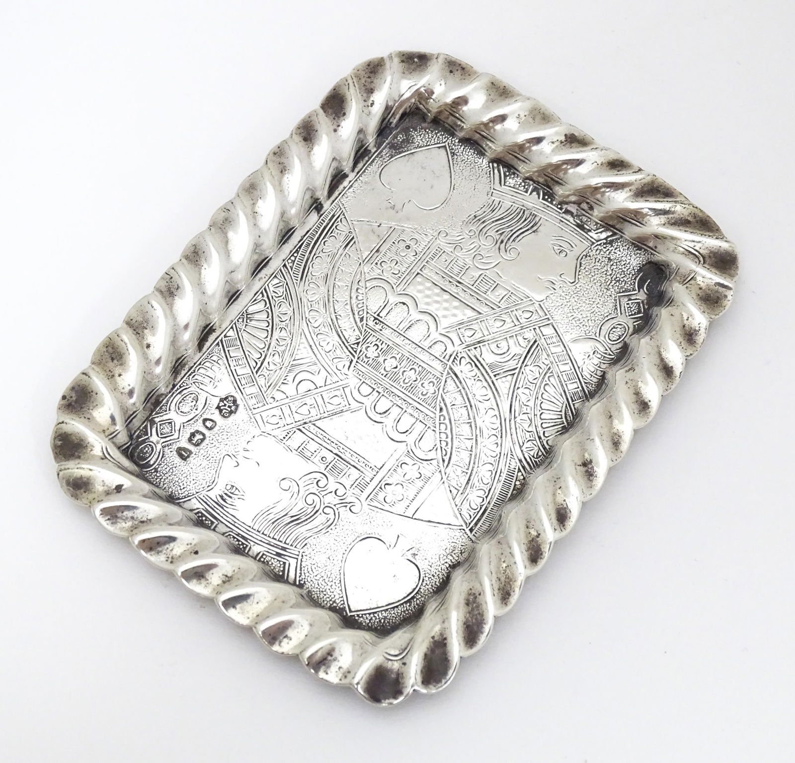 A Victorian silver playing card tray with engraved King of Spades detail, hallmarked London 1894, (1 of 6)