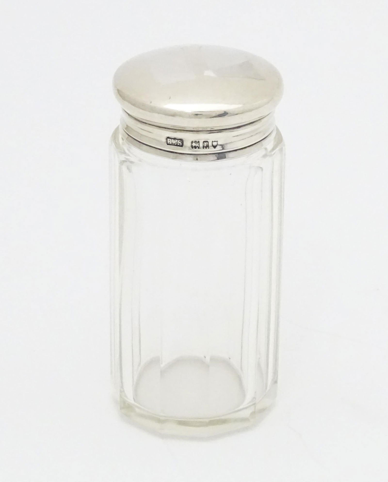 A glass toilet / dressing table jar with silver lid hallmarked London 1912 maker Loebl & Co. 3 1/4" (1 of 5)