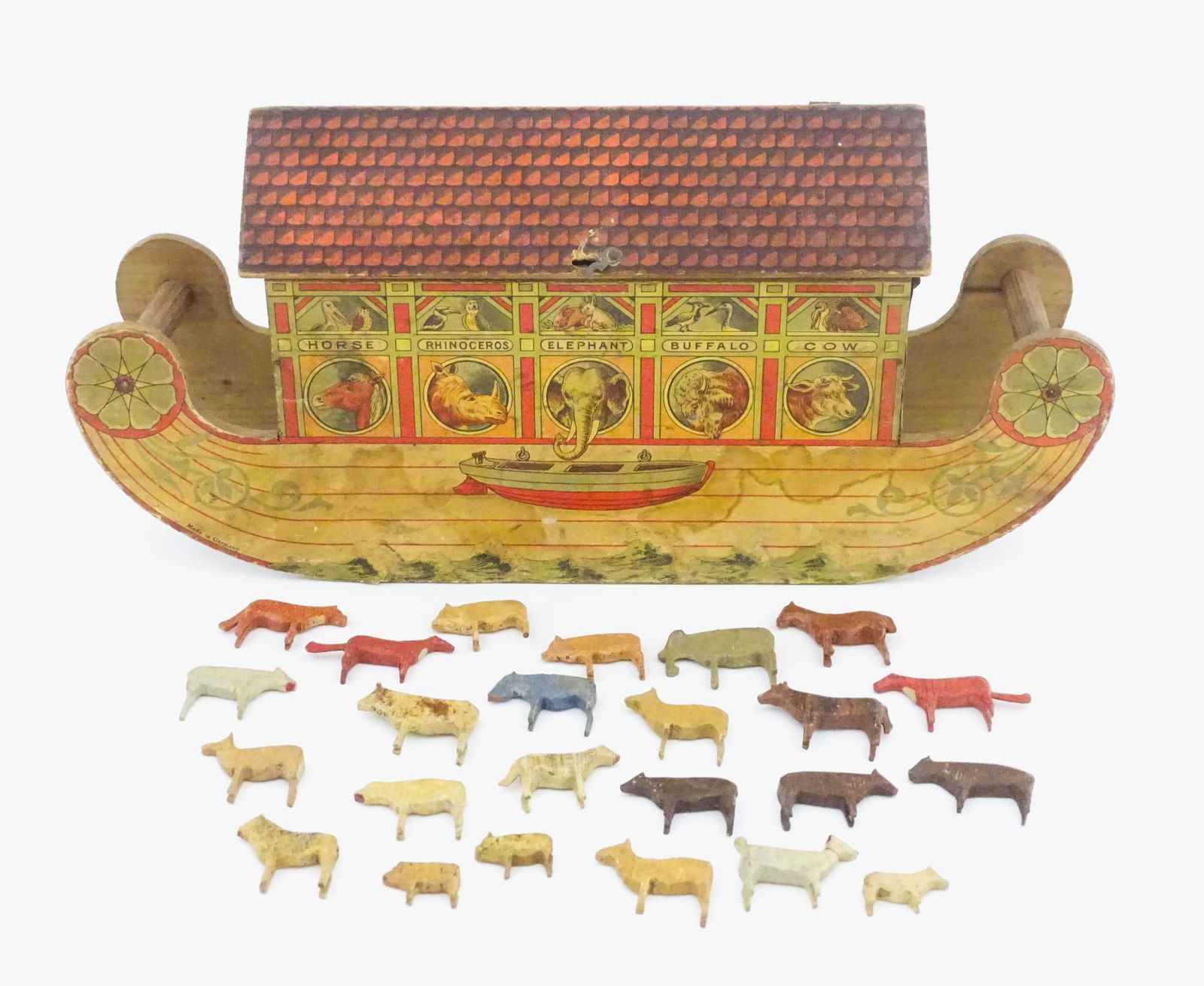 Toys: An early 20thC German Noah's Ark and Animals, the wooden ark with pitched roof and lithograph (1 of 16)