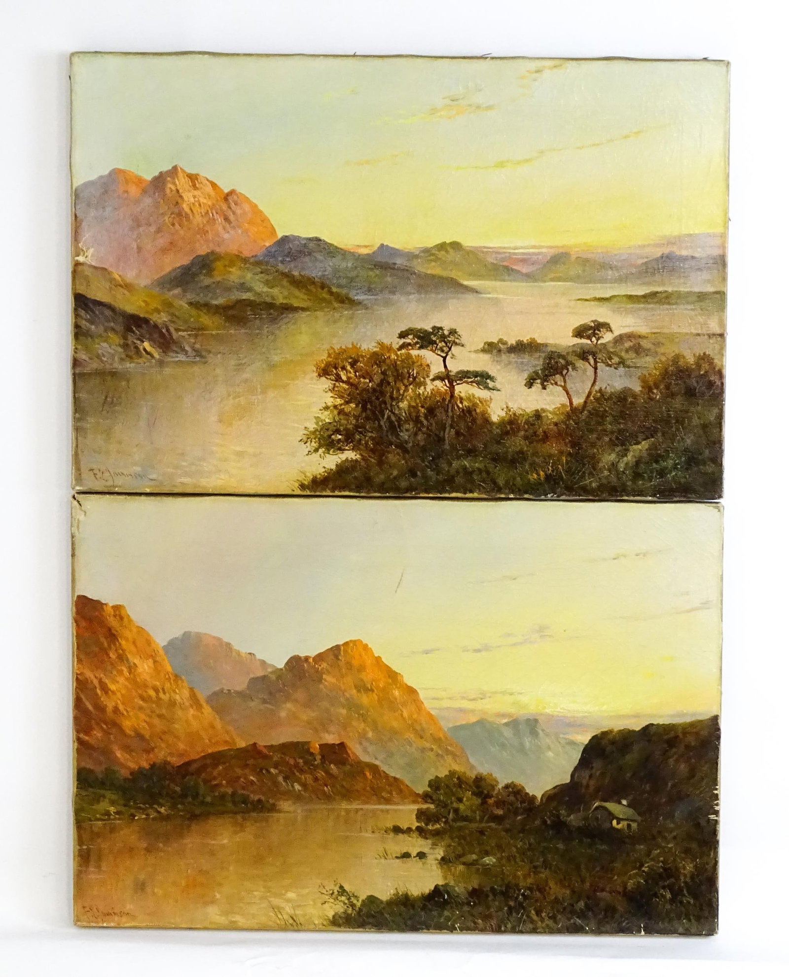 Francis E Jamieson (1895-1950), Oil on canvas, A pair of Highland loch landscapes at sunset. Both: Francis E Jamieson (1895-1950), Oil on canvas, A pair of Highland loch landscapes at sunset. Both signed lower left. Approx. 16" x 24" (2)Please Note - we do not make reference to the condition of lot