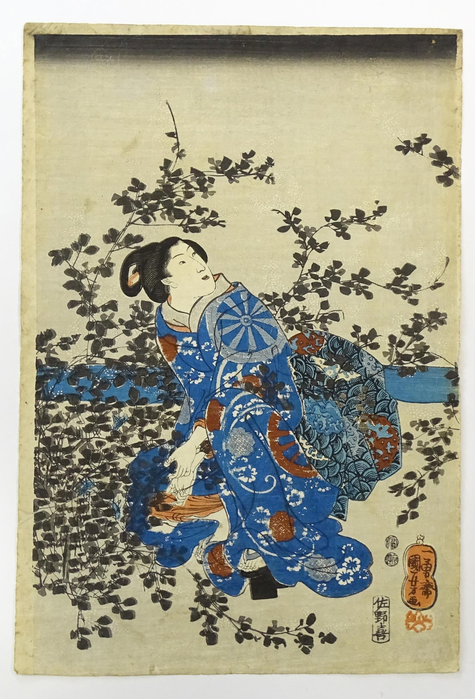 After Utagawa Kuniyoshi (1797-1861), Japanese School, Woodblock print, A Geisha picking leaves from: After Utagawa Kuniyoshi (1797-1861), Japanese School, Woodblock print, A Geisha picking leaves from a lax shrub. Approx. 14" x 9 1/2"Please Note - we do not make reference to the condition of lots wit