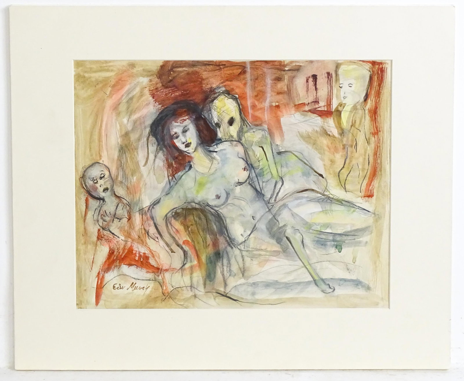 Manner of Edvard Munch, Watercolour and charcoal, Preparatory sketch with figures. Signed Edv Munch: Manner of Edvard Munch, Watercolour and charcoal, Preparatory sketch with figures. Signed Edv Munch lower left. Approx. 11" x 14"Please Note - we do not make reference to the condition of lots within