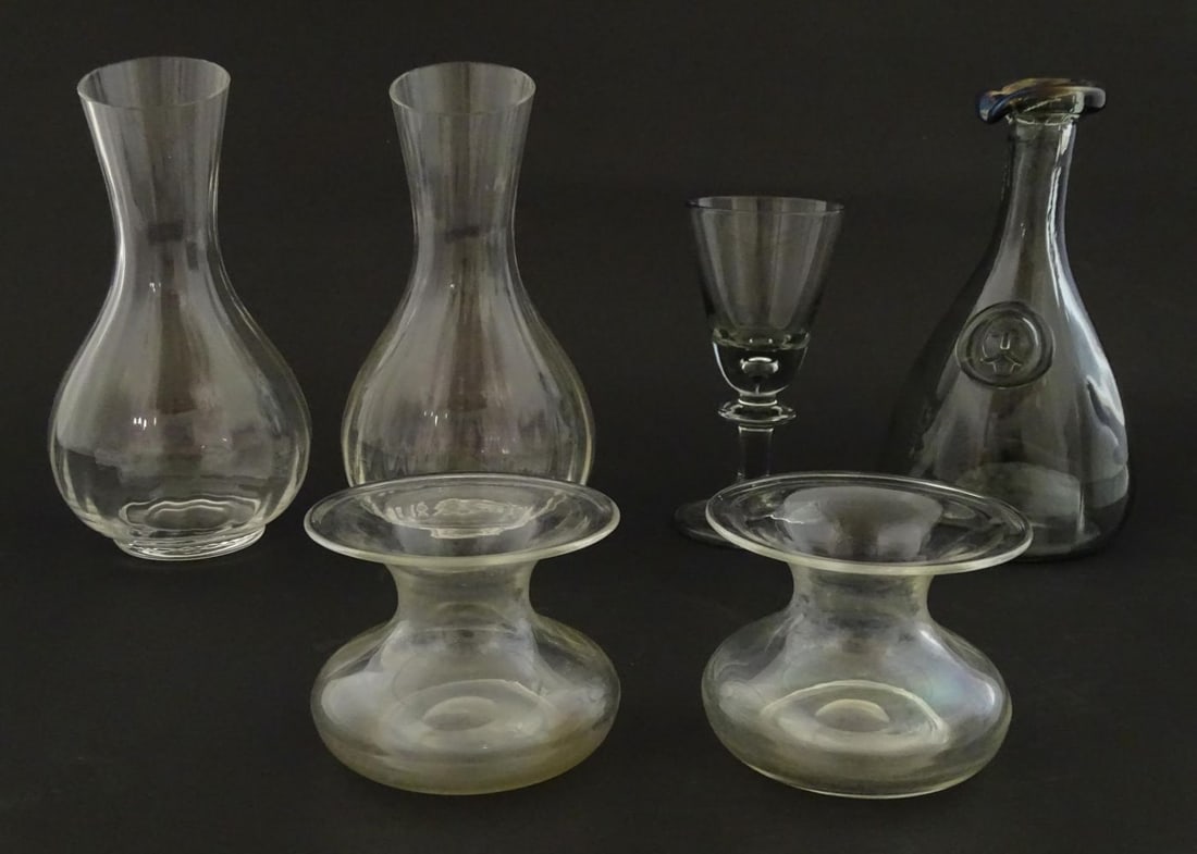 A quantity of glassware to include a pair of Dartington glass carafes, a vintage Holmegaard Denmark: A quantity of glassware to include a pair of Dartington glass carafes, a vintage Holmegaard Denmark smoke glass carafe and glass (designed by Olea Winther), etc. Pair of carafes approx. 9 1/4" high (6