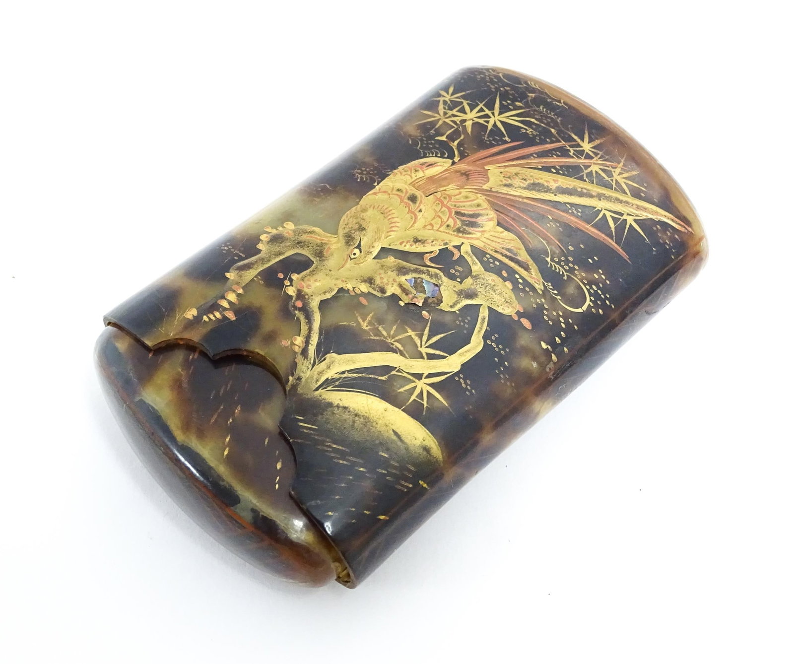 A Japanese faux tortoiseshell card case with sliding cover, decorated with red lacquered and gilt (1 of 1)