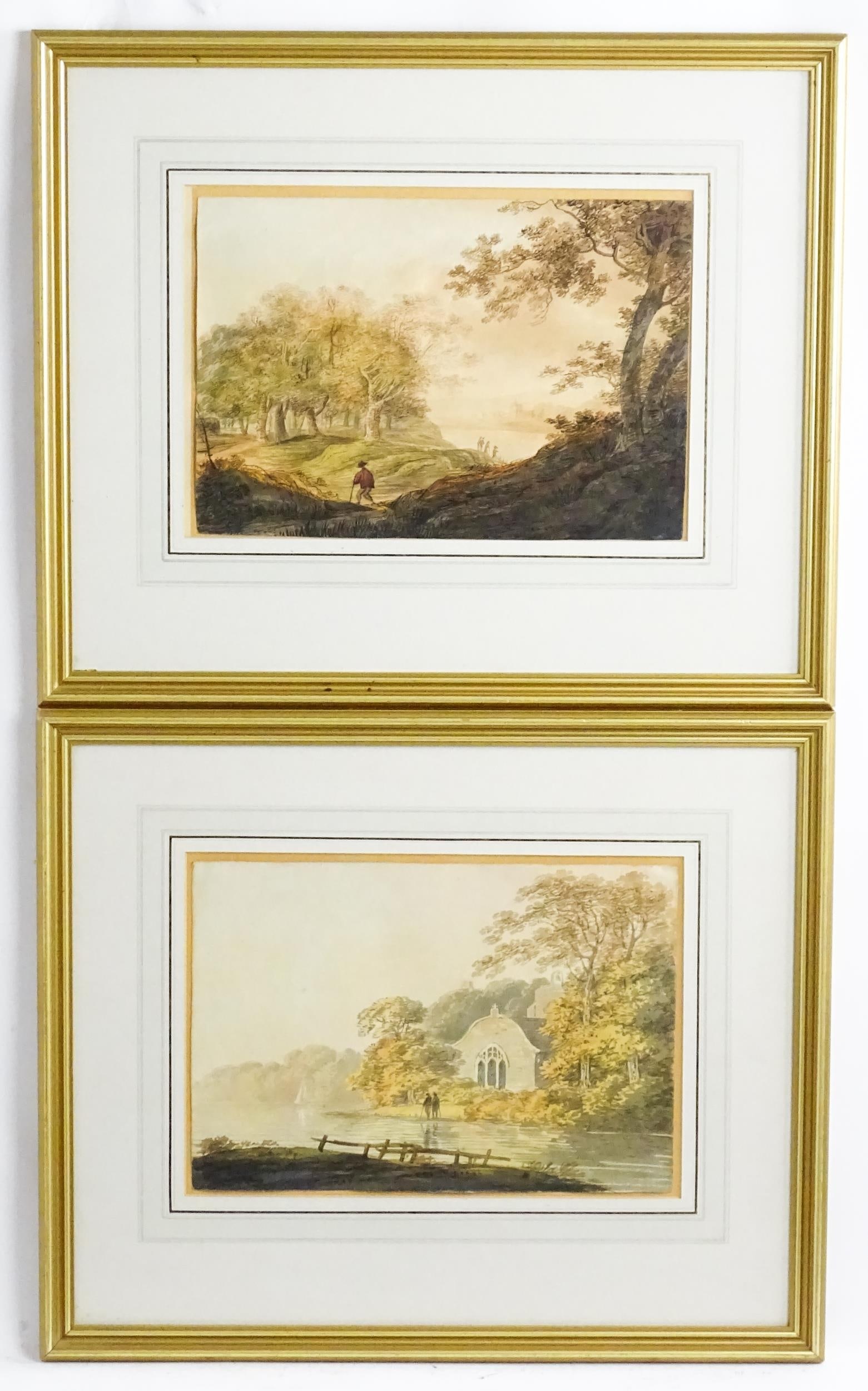 William Payne, Watercolours, A pair comprising Abbey ruins with figures walking along the river, and: William Payne, Watercolours, A pair comprising Abbey ruins with figures walking along the river, and A wooded lake scene with figures. Ascribed and titled to label verso. Approx. 8 1/4" x 12" (2)Pleas