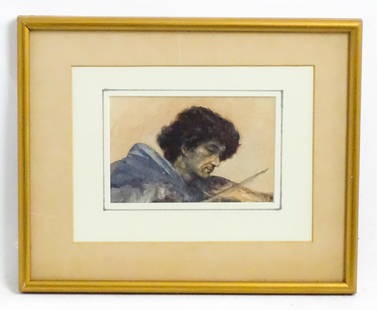 Isabel Violet Banks in the manner of Simeon Solomon, Early 20th century, Watercolour sketch, A: Isabel Violet Banks in the manner of Simeon Solomon, Early 20th century, Watercolour sketch, A Pre-Raphaelite portrait of a gentleman playing the violin. Signed with initials lower right. Approx. 3 1/