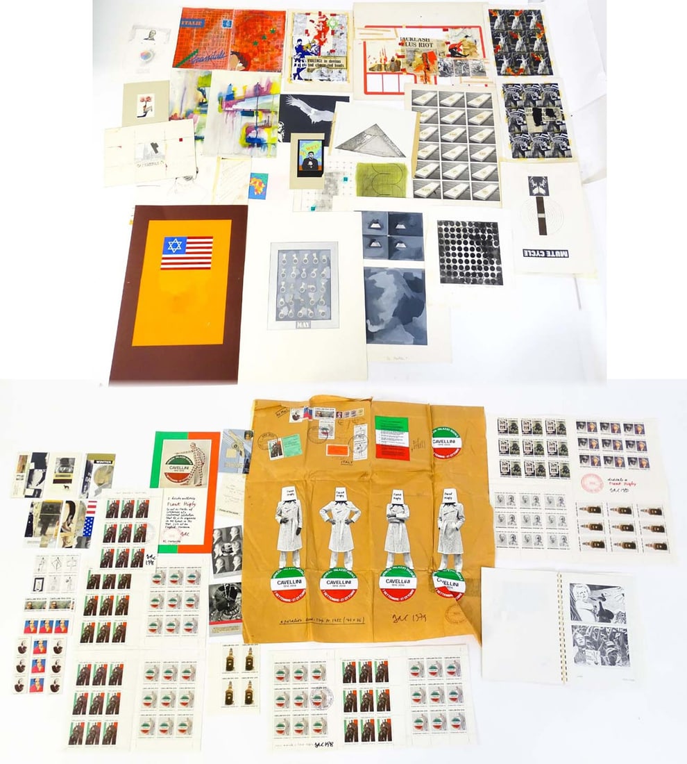 A quantity of Italian works by Guglielmo Achille Cavellini (1914-1990) to include International: A quantity of Italian works by Guglielmo Achille Cavellini (1914-1990) to include International Postage Stamps, mixed media on paper with various stamps and stickers, some with dedications to Frank Hi