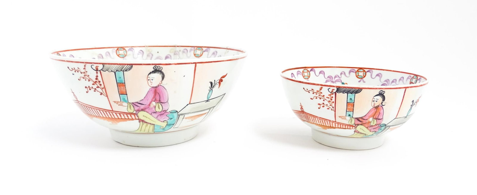 Two New Hall style bowls with chinoiserie decoration depicting figures on a terrace, with swag and (1 of 6)