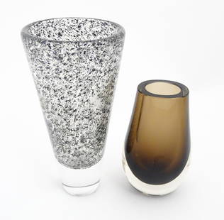 A conical Stromboli vase by Bengt Orup for Hyllinge. Signed under. Together with a sommerso glass: A conical Stromboli vase by Bengt Orup for Hyllinge. Signed under. Together with a sommerso glass vase. The tallest 7 3/4" high Please Note - we do not make reference to the condition of lots within d