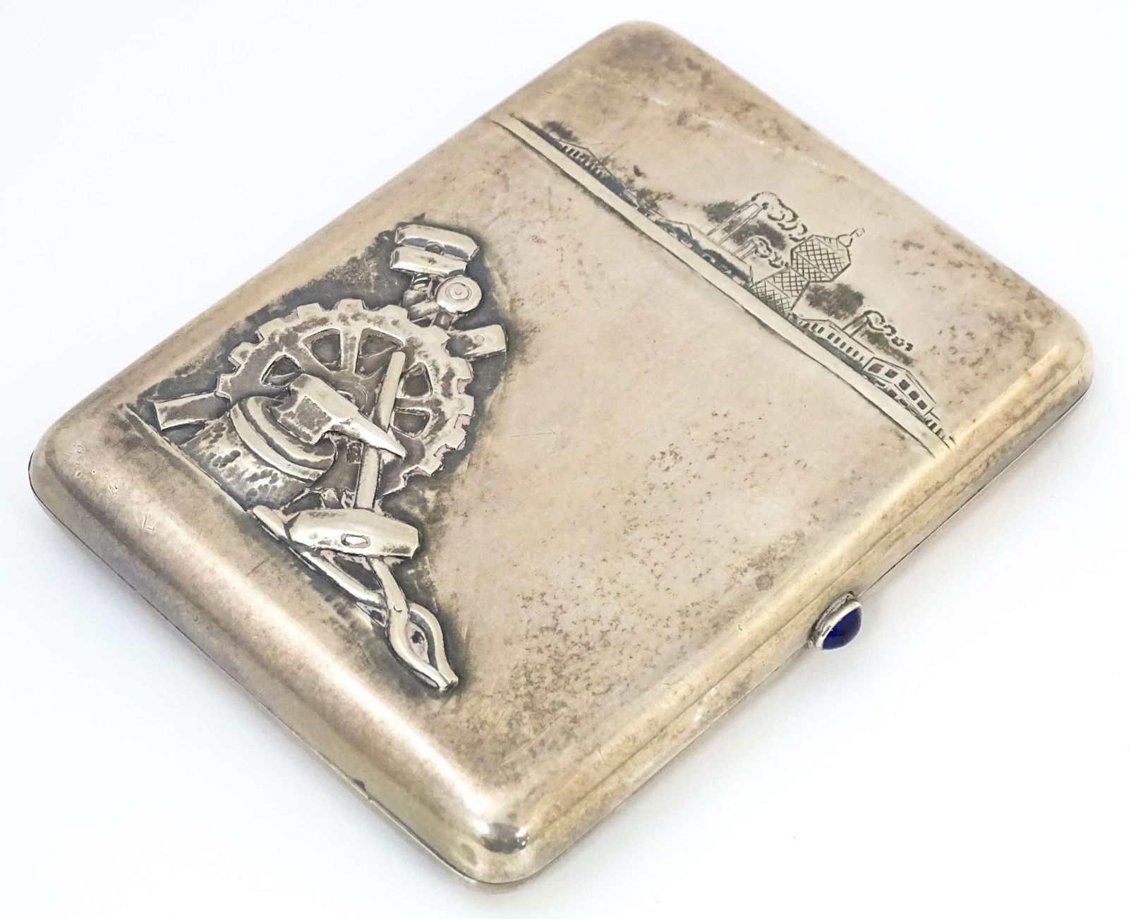 A 20thC Russian .875 silver cigarette case with industrial scene to lid and embossed industrial tool (1 of 5)