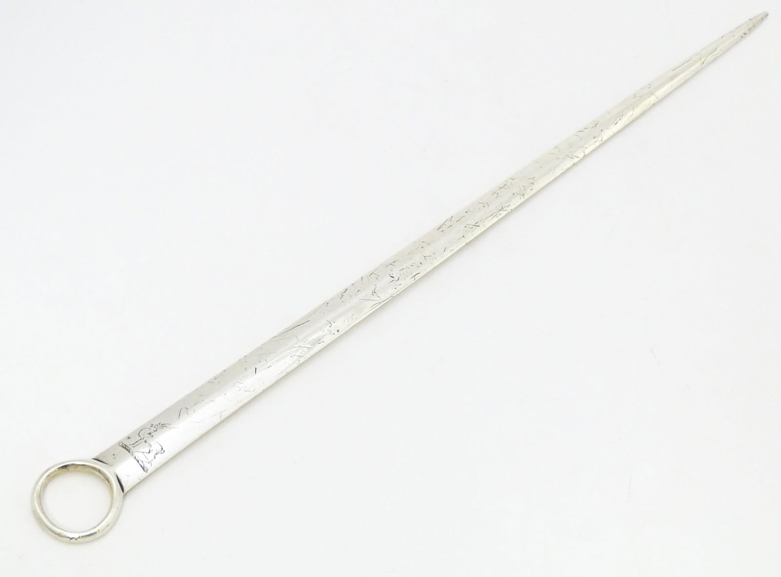 A Geo III silver skewer hallmarked London 1804, maker William Eley & William Fearn. Approx. 13 1/4" (1 of 6)