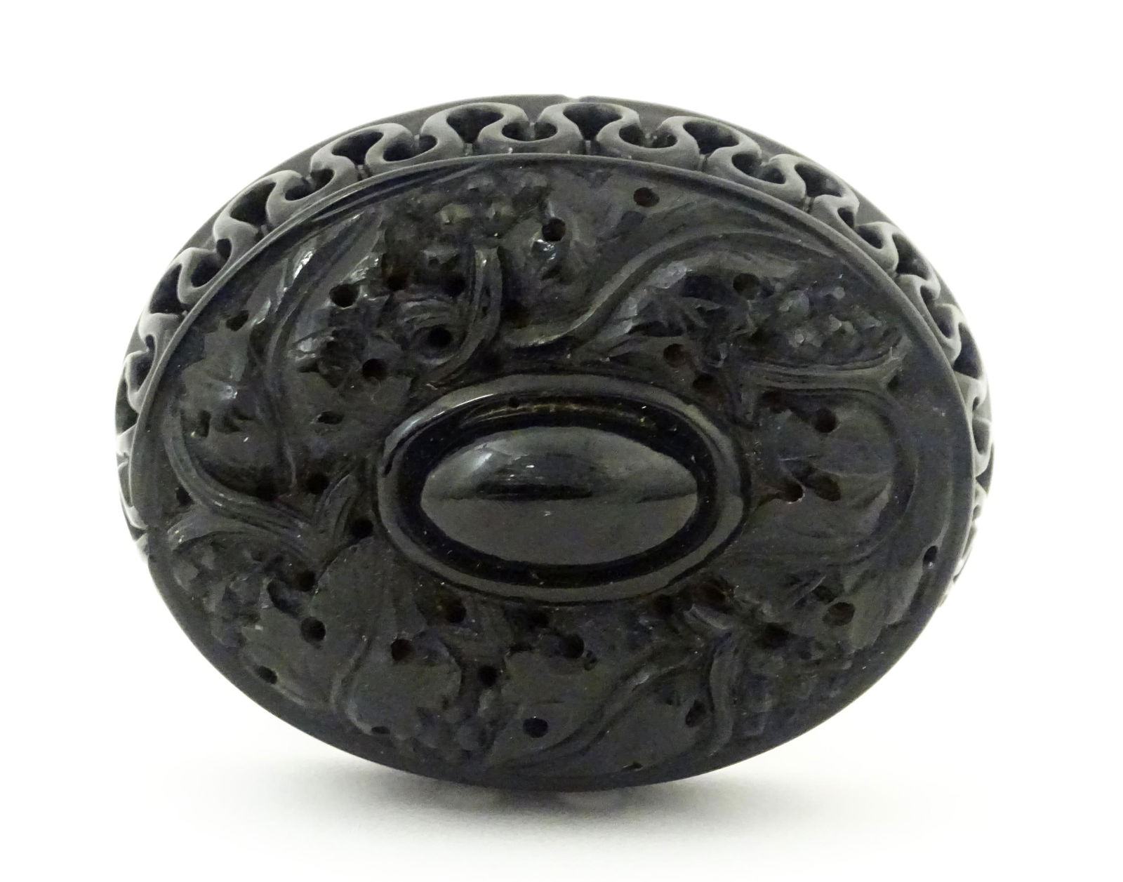 Mourning Jewellery: A Victorian carved jet brooch with acanthus decoration. Approx 2 1/2" wide (1 of 9)