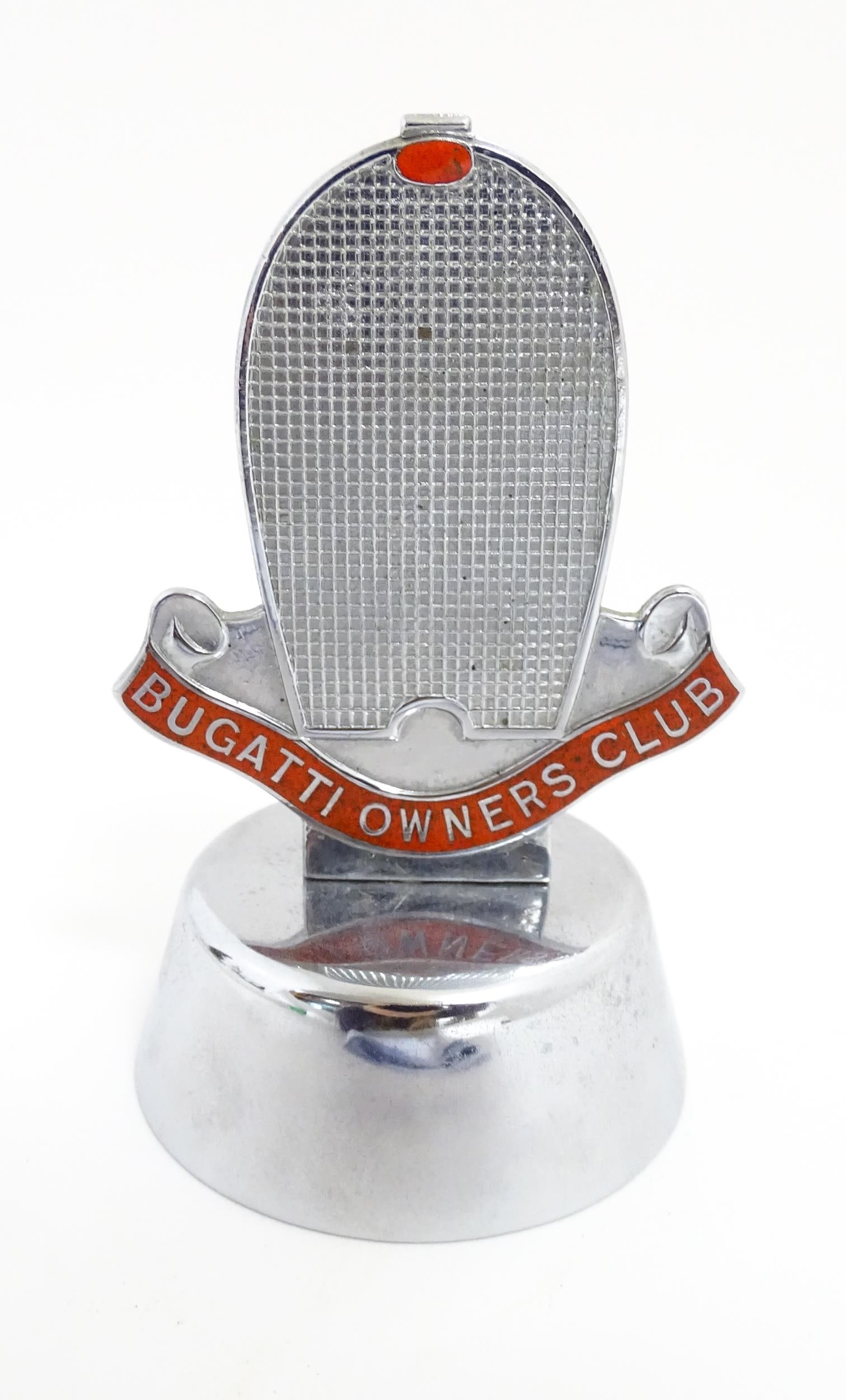 A mid 20thC Bugatti Owners' Club trophy in the form of a car mascot , engraved to the rear 'Bugatti (1 of 7)