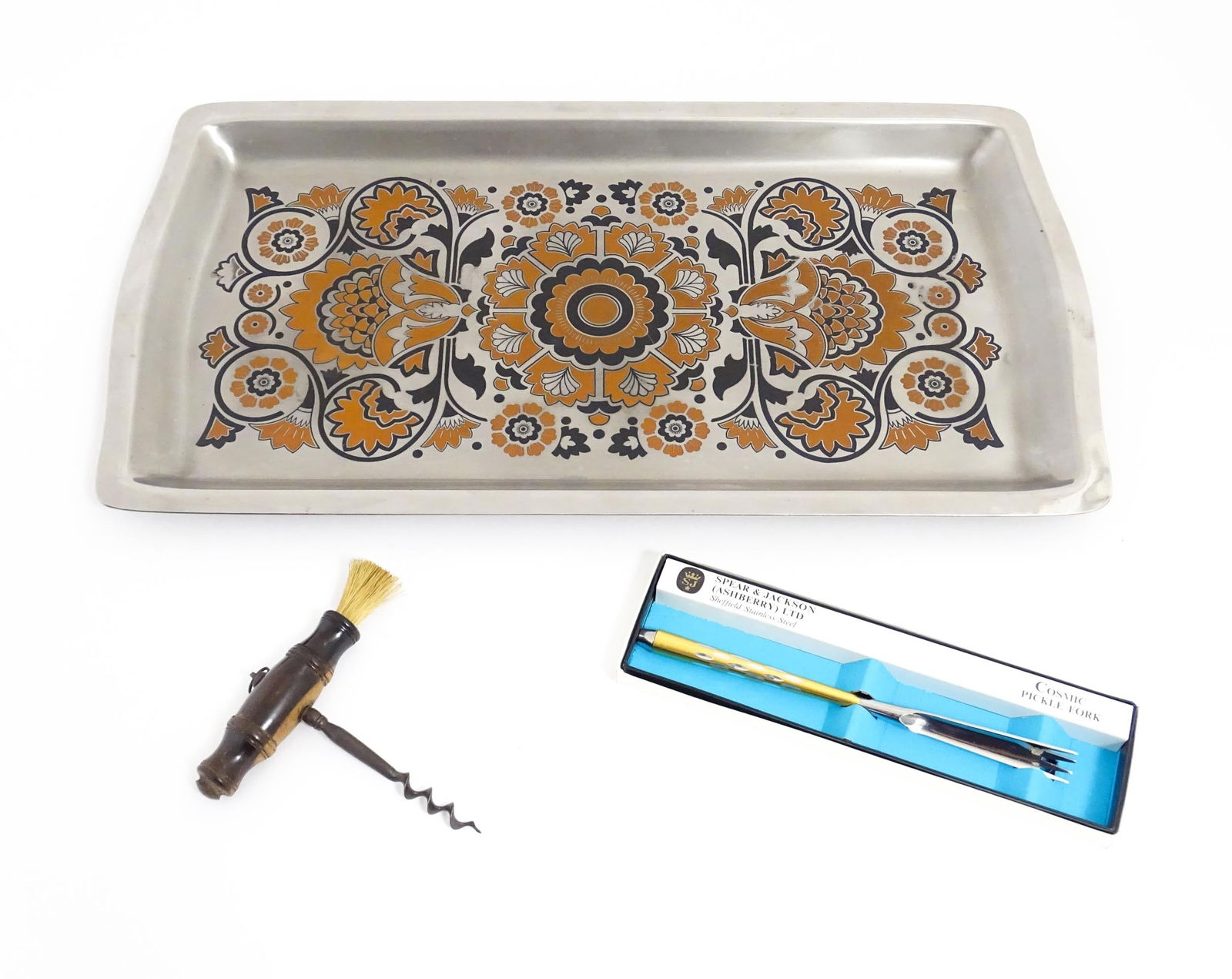 Assorted kitchenalia to include a Viner's stainless steel tray designed by Gerald Benney, a Cosmic: Assorted kitchenalia to include a Viner's stainless steel tray designed by Gerald Benney, a Cosmic Pickle Fork by Spear & Jackson and a 19thC corkscrew with turned wooden handle and brush to one end,