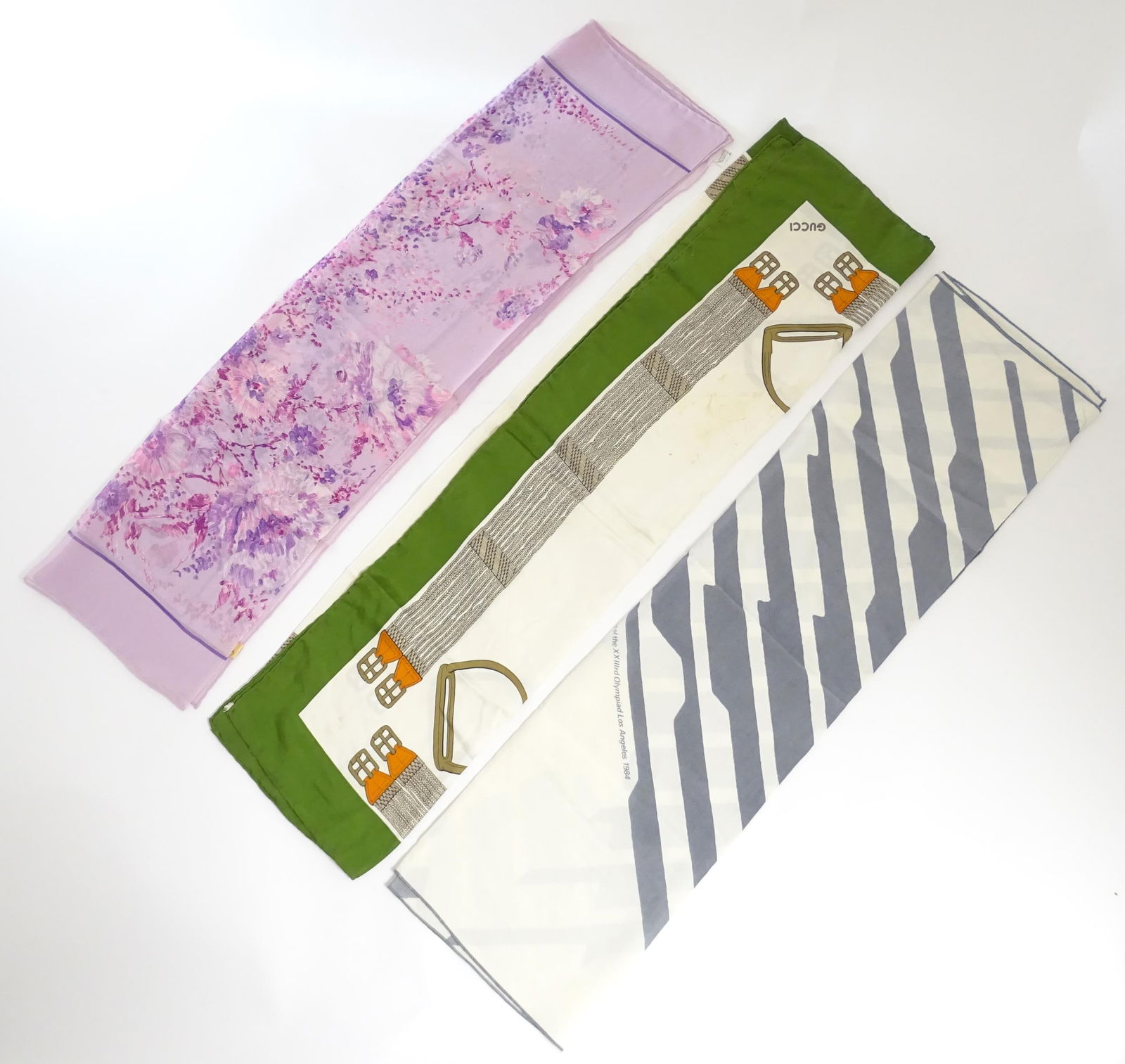 Vintage fashion / clothing: Three scarves to include a lilac coloured silk scarf by Ostinelli, a (1 of 16)