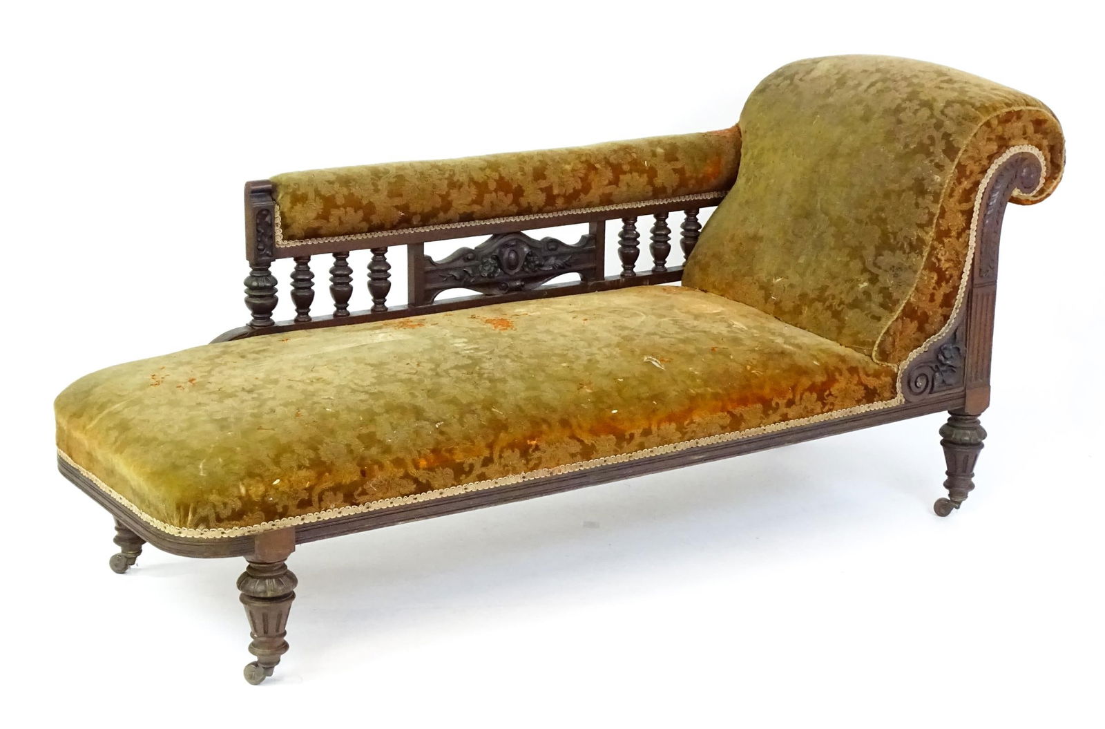A late 19thC / early 20thC chaise longue with a scrolled end and turned gallery supports above the (1 of 5)
